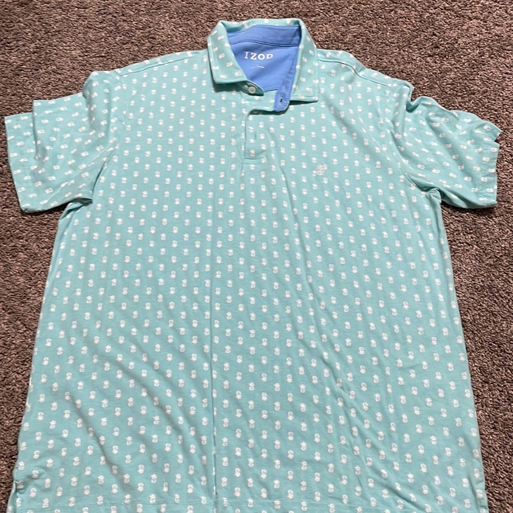 IZOD Polo Mens large cotton light blue with white pineapples print